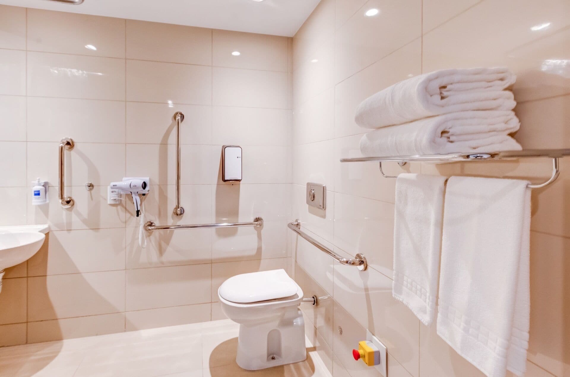 Een moderne badkamer met toilet, handdroger en handdoekhouder.
