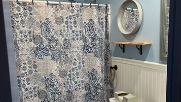 Hair dryer, towels, soap, shampoo