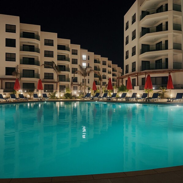 A nighttime view of a hotel pool area with multiple levels of balconies, red umbrellas, and lounge chairs.
