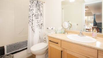 Hair dryer, towels, soap, shampoo