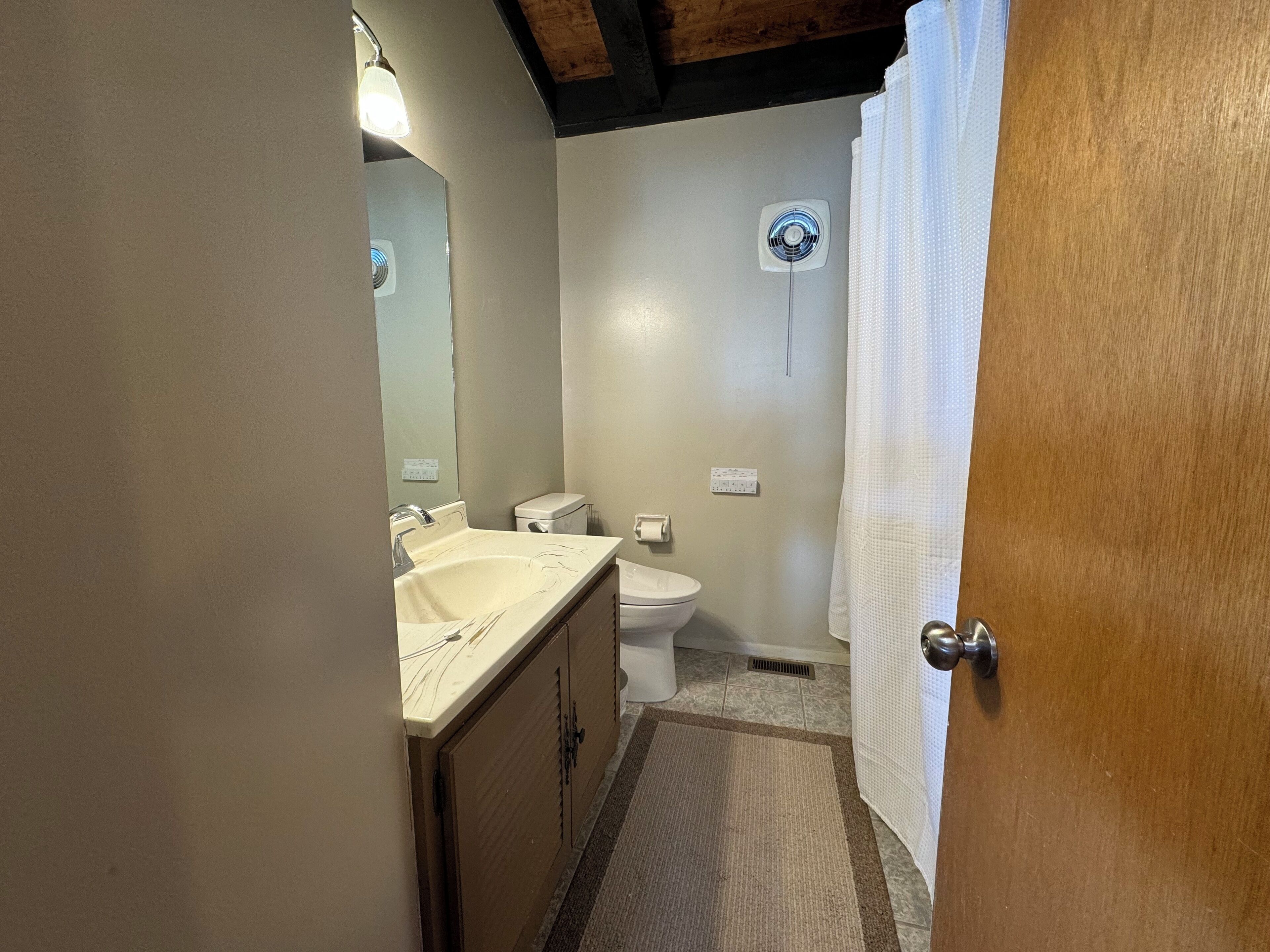 A bathroom with a sink, toilet, and shower curtain.