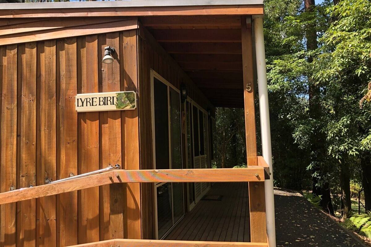 A wooden building with a sign reading "LYRE BIRD".