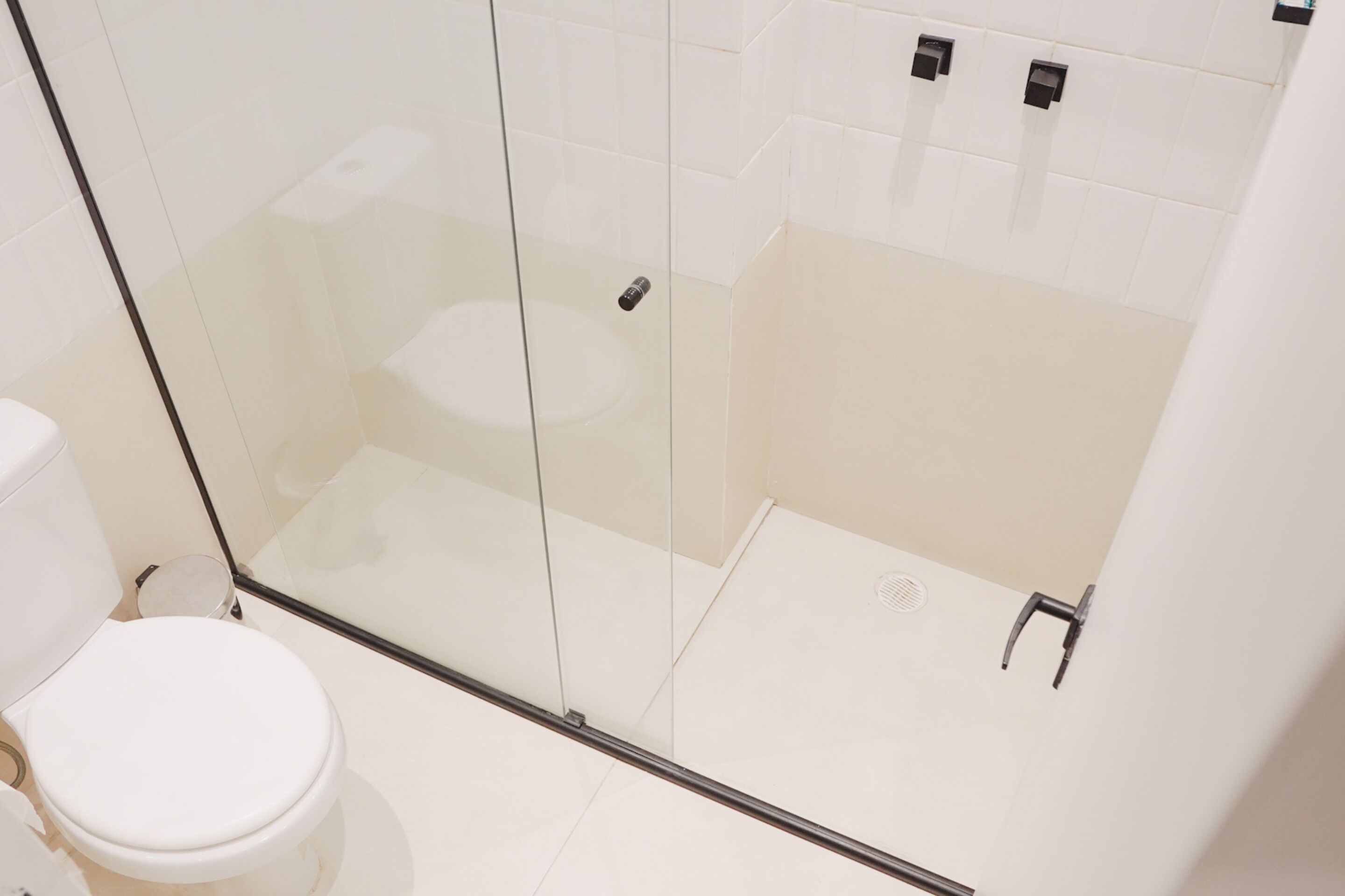 A modern bathroom with a glass shower enclosure, a toilet, and a sink.