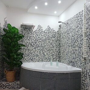 Hair dryer, bidet, towels, soap