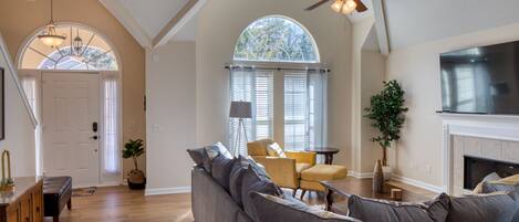 Smart TV, fireplace, books