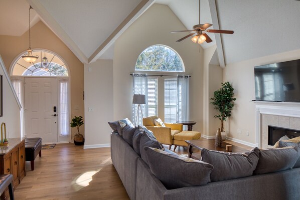 Smart TV, fireplace, books