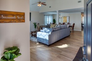 Smart TV, fireplace, books