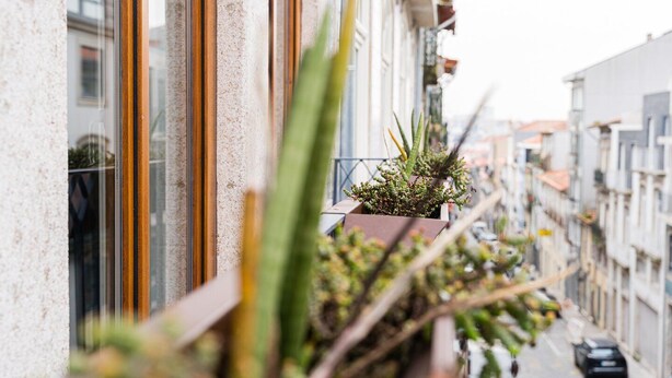 A narrow street with buildings on either side, a balcony with a potted plant, and a car parked on the street. - GuestReady - Almada 516 (Porto)