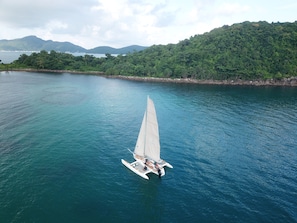 A sailboat on a calm sea with a forested coastline in the background.