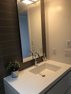 Bathroom features a sink, mirror, and potted plant.