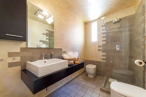 Douche, séchoir à cheveux, bidet, serviettes fournies