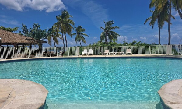 A clear swimming pool with lounge chairs and palm trees in the background. - Spacious 2-bedroom apartment in residence with swimming pools (Baie Nettlé)