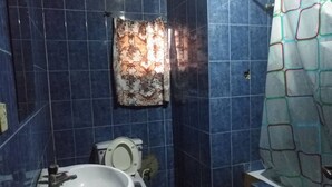 Ein Badezimmer mit blauen Fliesen, einer Toilette, einem Waschbecken und einer Duschvorhang.