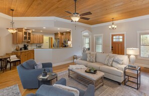 Smart TV, fireplace, books