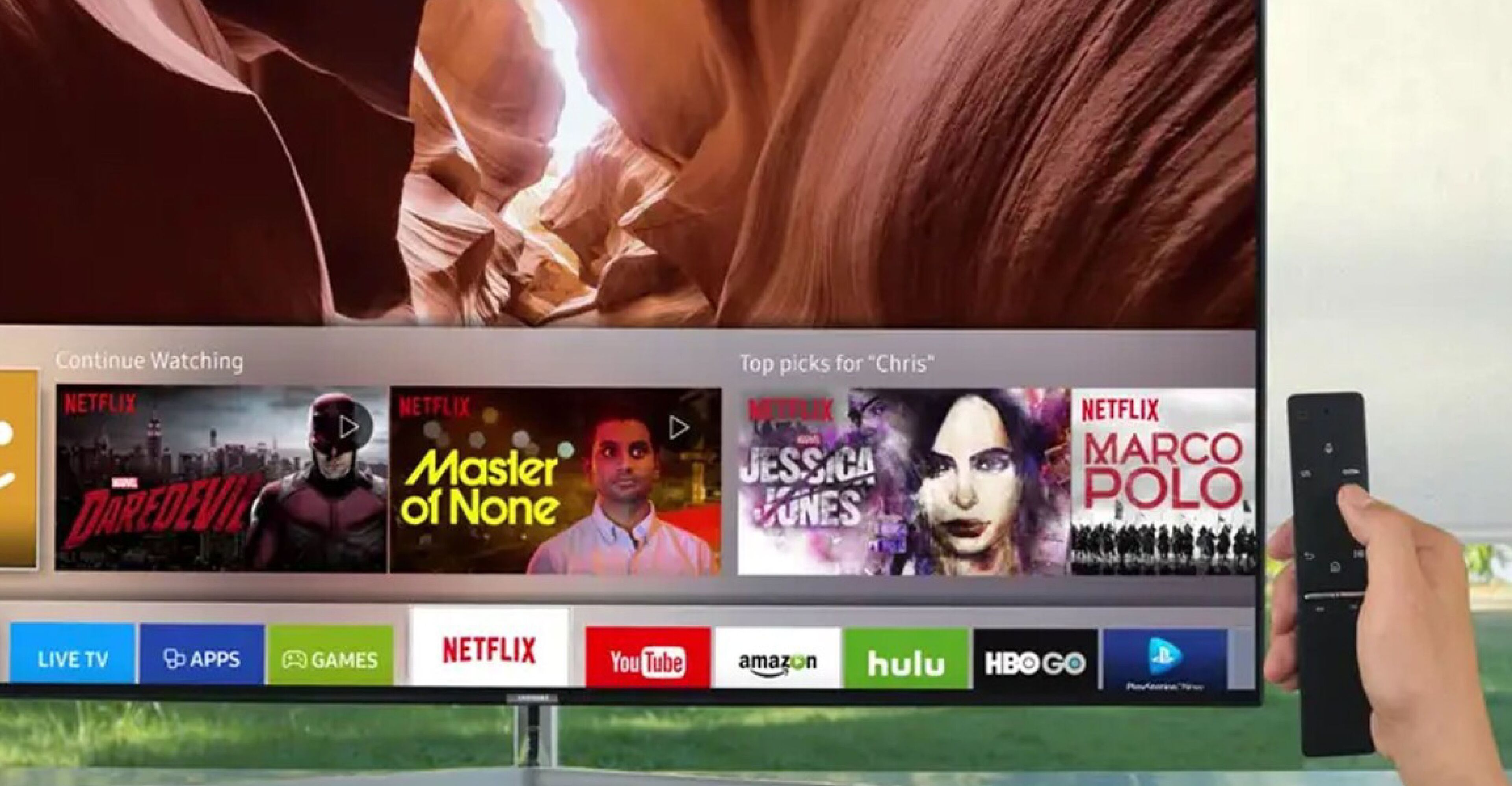 A television screen displaying a Netflix interface with various shows and a remote control in hand.