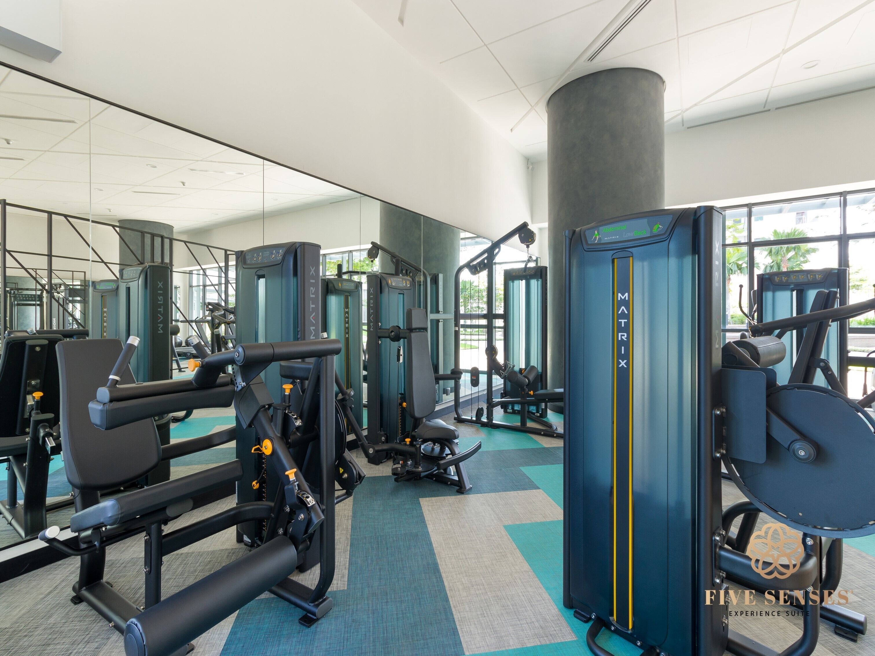 A modern gym with various exercise machines, large windows, and a clean, spacious layout.