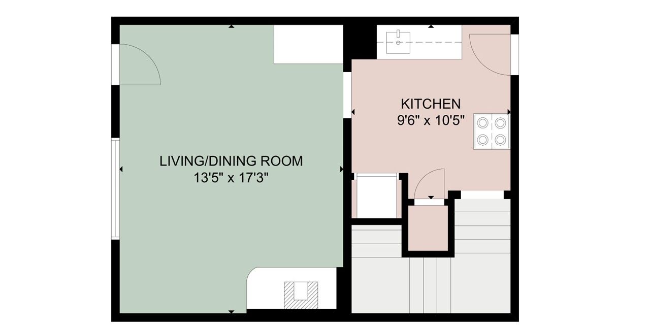 Plano de planta que muestra un salón-comedor de 4,1 metros por 5,2 metros y una cocina de 2,9 metros por 3,2 metros.
