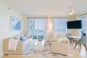 Enjoy a city view from the large window, relax on the sofa and armchair, and stay entertained with the flat-screen TV.