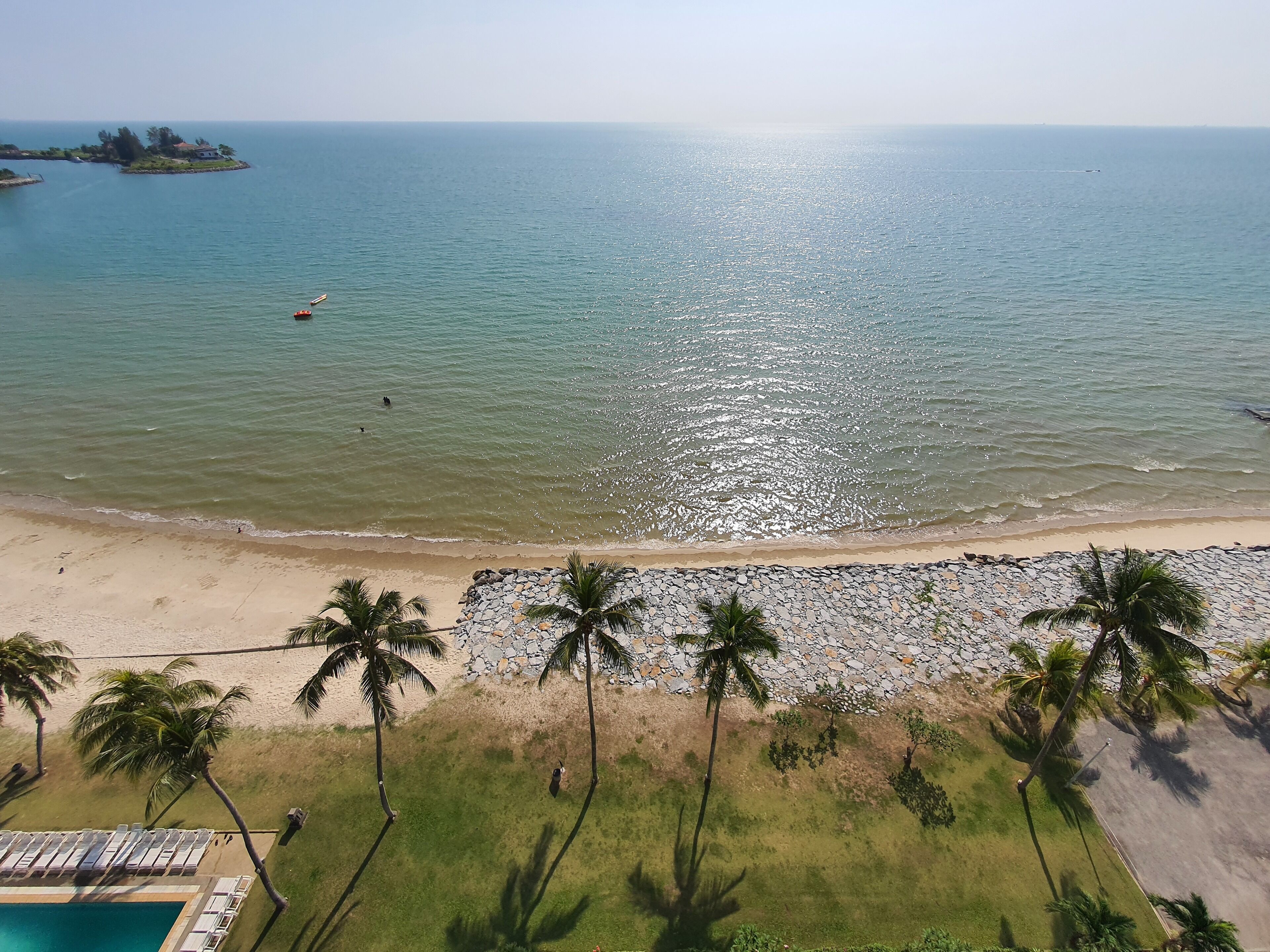 A beach with a pool area, palm trees, and a view of the ocean.