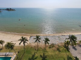 A beach with a pool area, palm trees, and a view of the ocean.