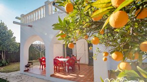 Une terrasse avec une table et des chaises, entourée d’un bâtiment blanc orné d’arcades et d’un arbre aux oranges.