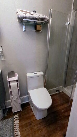 Regadera, toallas, jabón, papel de baño 