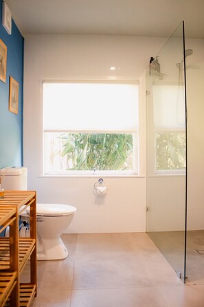 Shower, towels, soap, shampoo