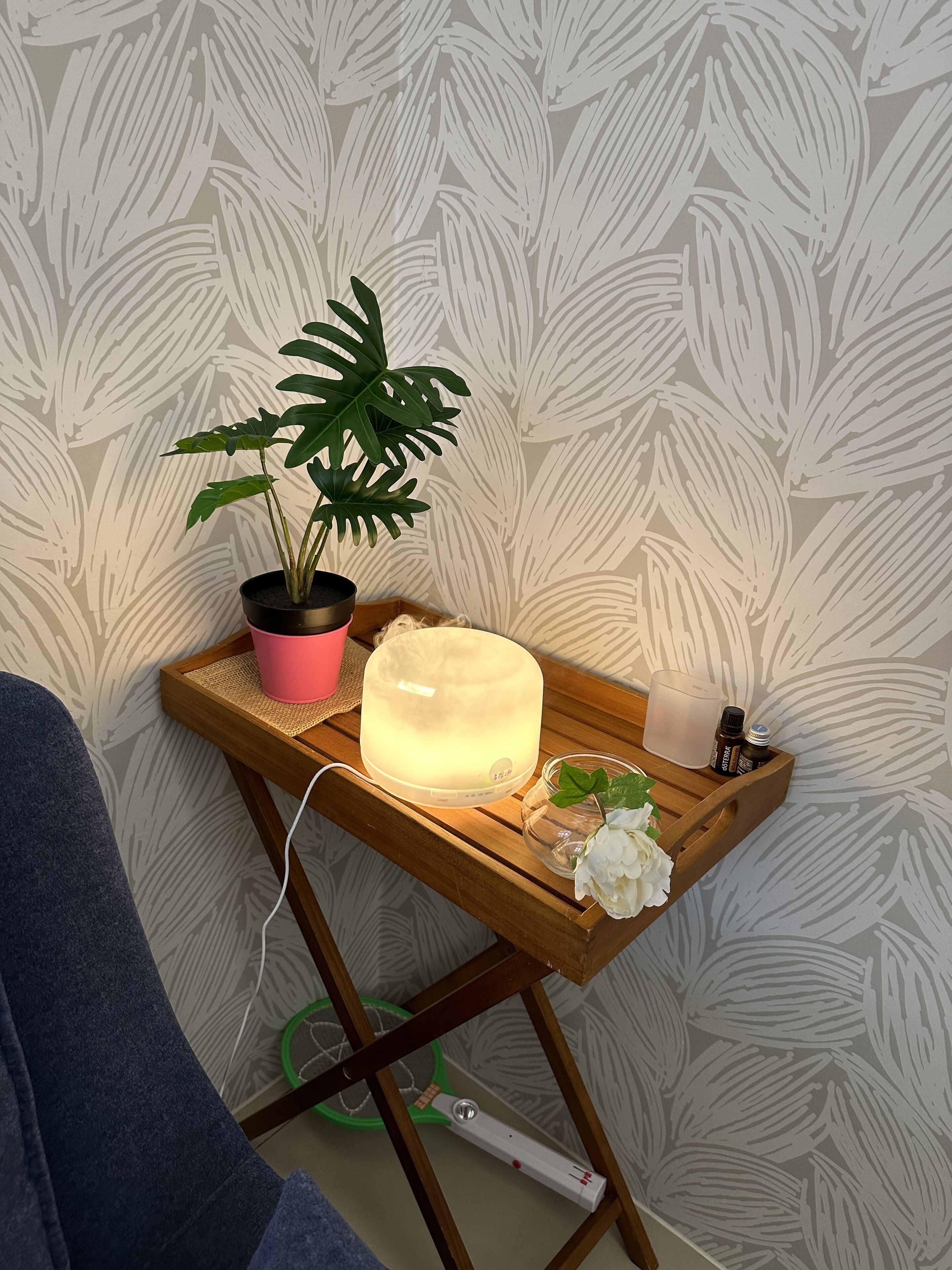 A bedside table with a potted plant, a diffuser, and a small container with essential oils.
