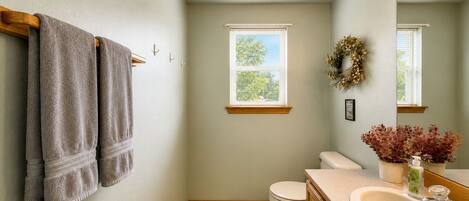 A bathroom with a toilet, sink, and towel rack.