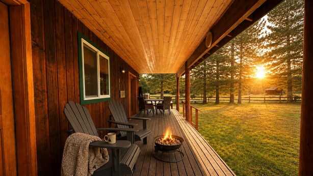 A wooden deck with Adirondack chairs, a table, and a fire pit. - Farmhouse In Plain 2 Bedroom Home by NW Comfy Cabins by RedAwning (Leavenworth)