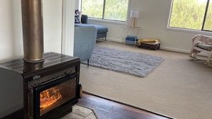 Un salon chaleureux avec un poêle à bois, un canapé bleu et de grandes fenêtres donnant sur la forêt.