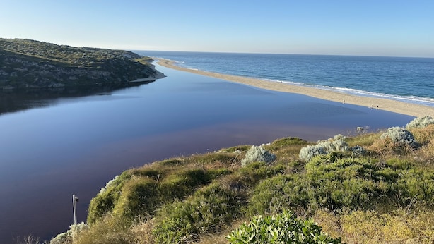 Un paysage côtier avec une plage, une mer calme et des collines verdoyantes.