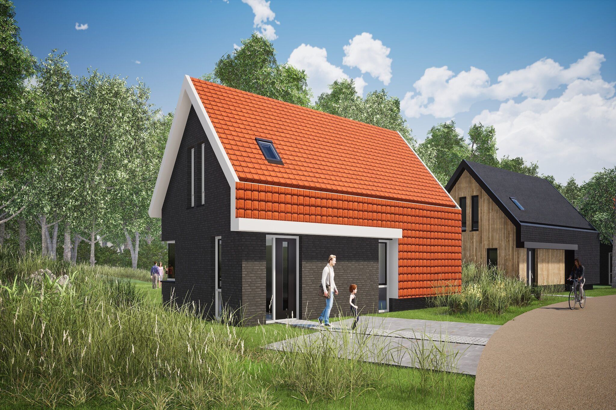 Une maison moderne avec un toit en pente, un garage et un chemin menant à l’entrée.