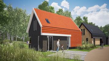 Ein modernes Haus mit Satteldach, einer Garage und einem Weg zum Eingang.