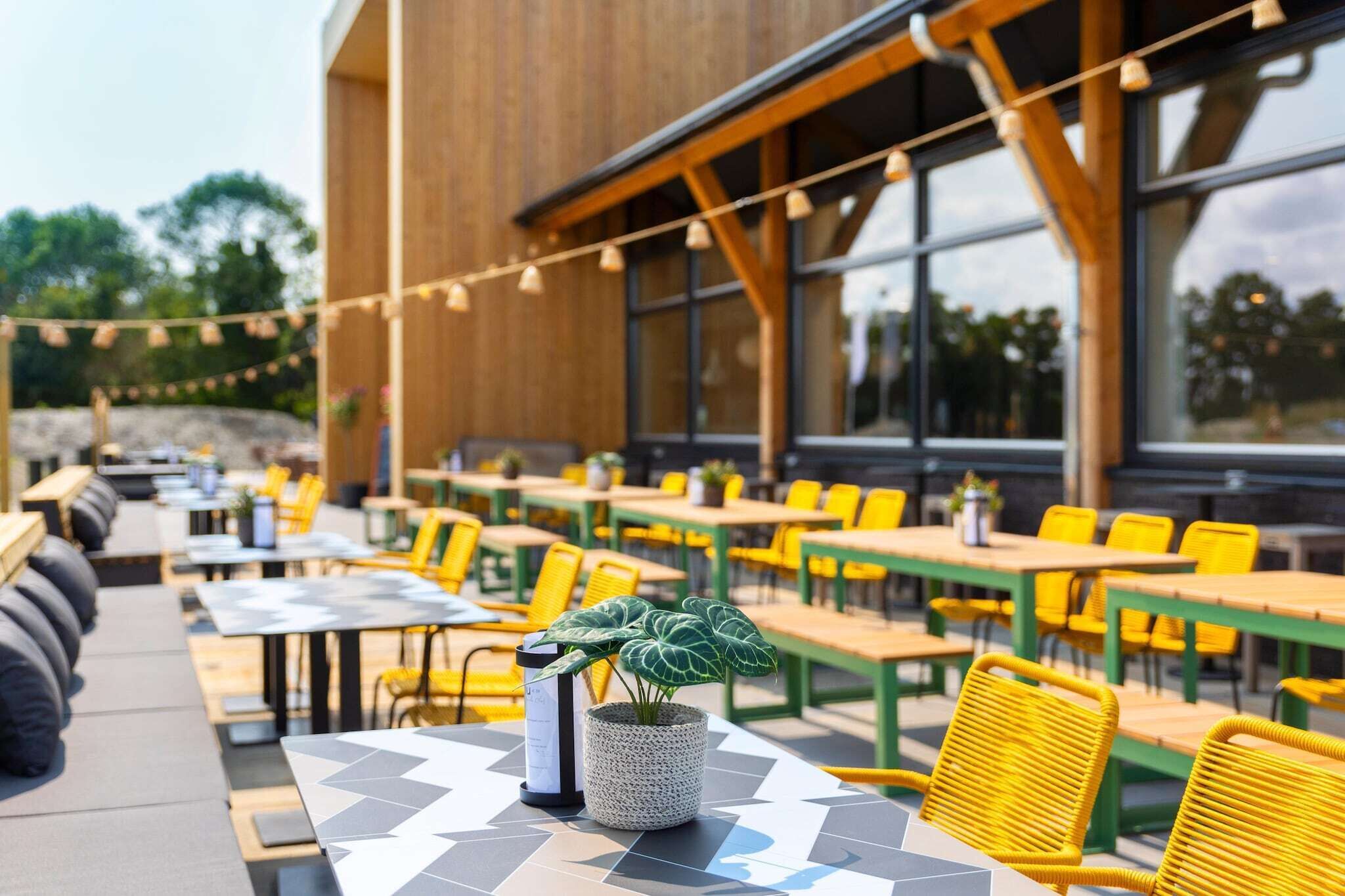 Un espace de restauration en plein air avec des chaises et des tables jaunes, une plante en pot et un présentoir à menus.