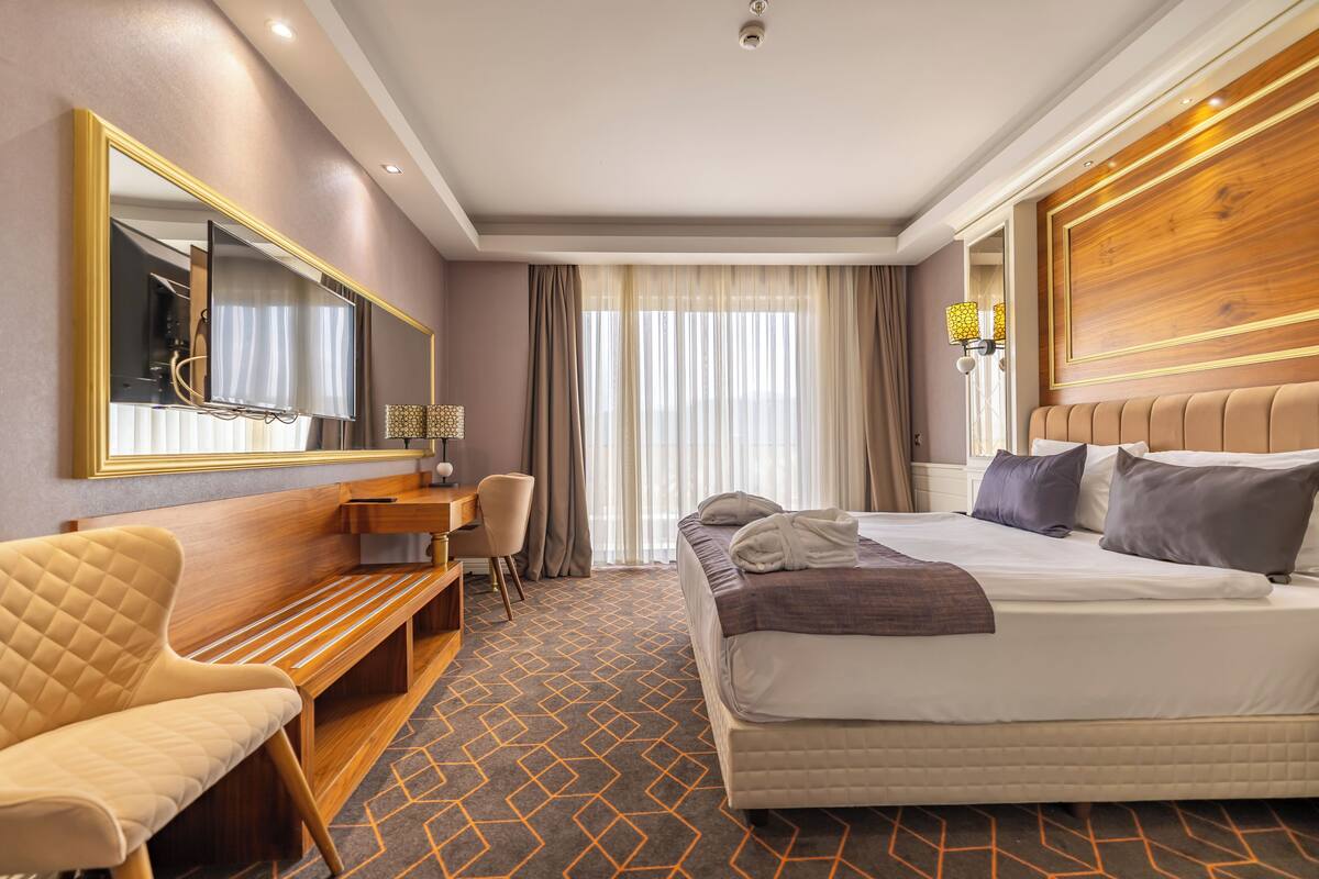 Una habitación de hotel con cama, escritorio, silla, televisor y un espejo grande.