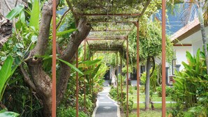 A pathway lined with trees and plants, leading to a building with a tiled roof. - Bali Menjangan Boutique Villas (Pemuteran)