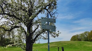 Un panneau indicateur indiquant les directions, les destinations et les distances.