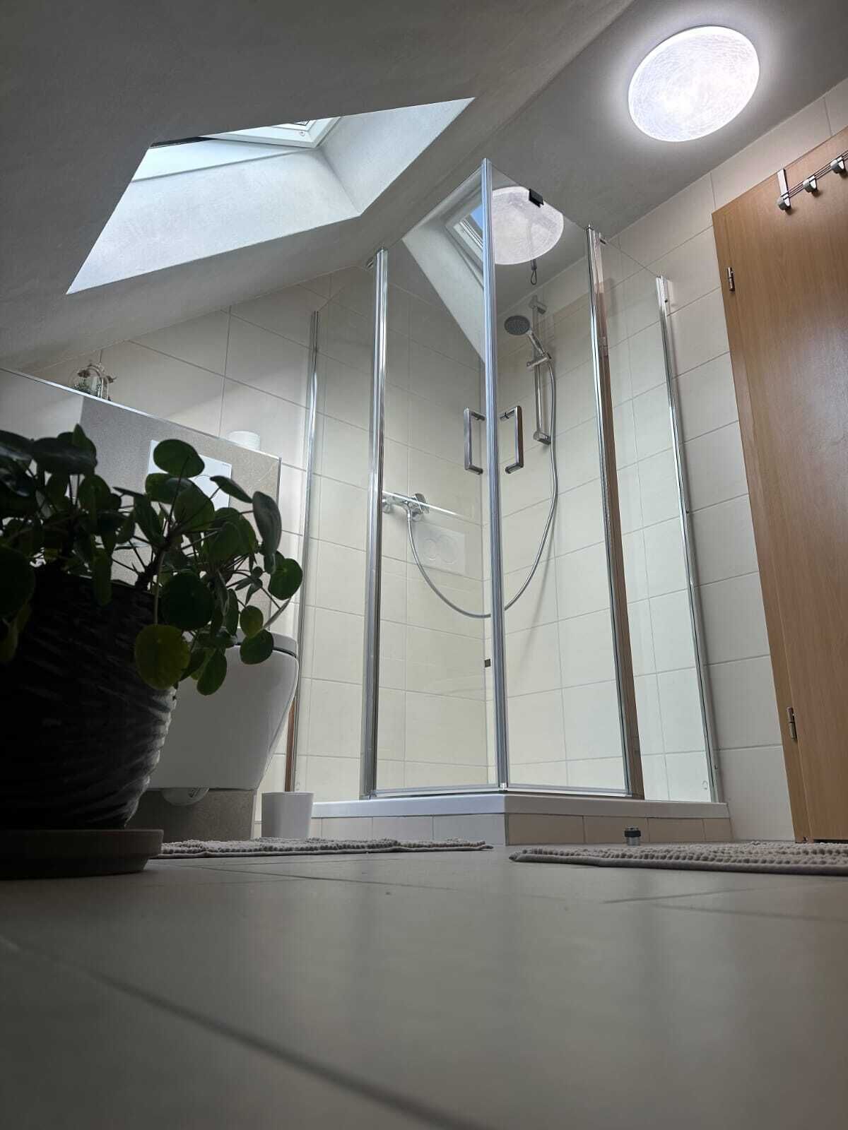 Douche, sèche-cheveux, serviettes fournies, savon