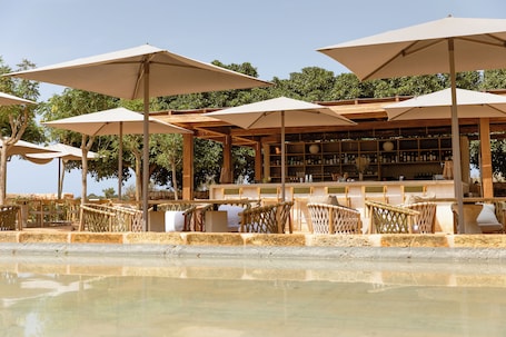A beachside bar with outdoor seating under umbrellas, wooden chairs, and a bar counter with bottles.