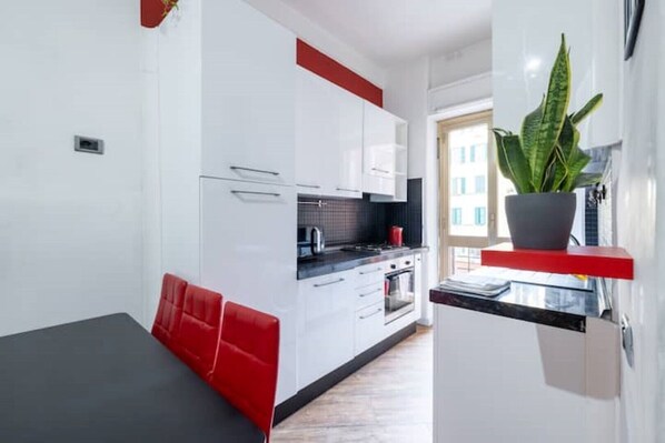 Fridge, microwave, oven, toaster