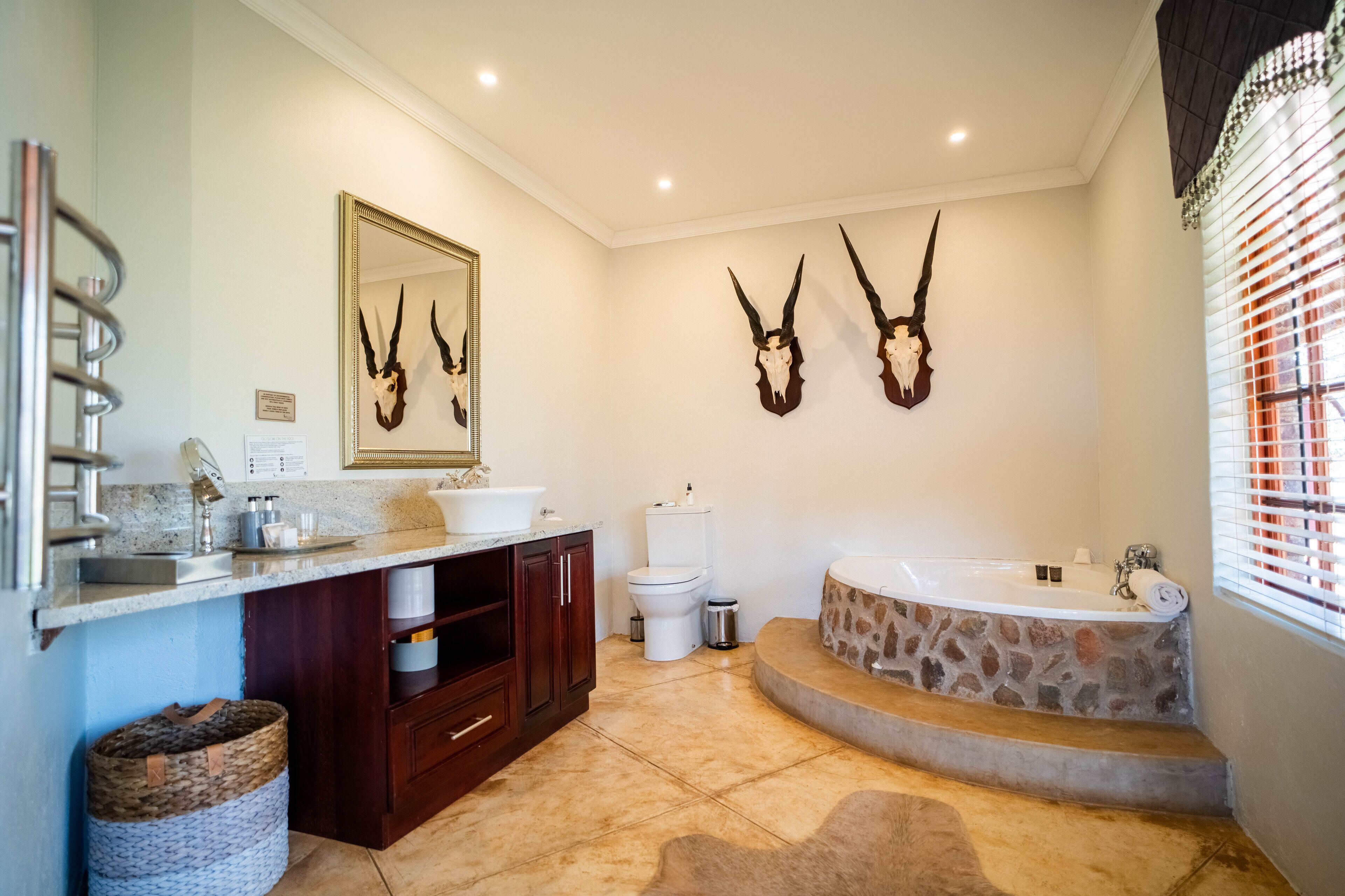 A bathroom with a stone bathtub, a large mirror, and two mounted animal skulls.