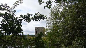 A historic stone tower surrounded by dense foliage and a body of water. - The Art Bank (Dalbeattie)