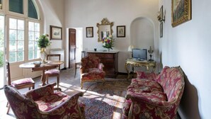 Une pièce spacieuse avec une grande fenêtre, un plafond en bois, une cheminée, un téléviseur et un tapis à motifs.