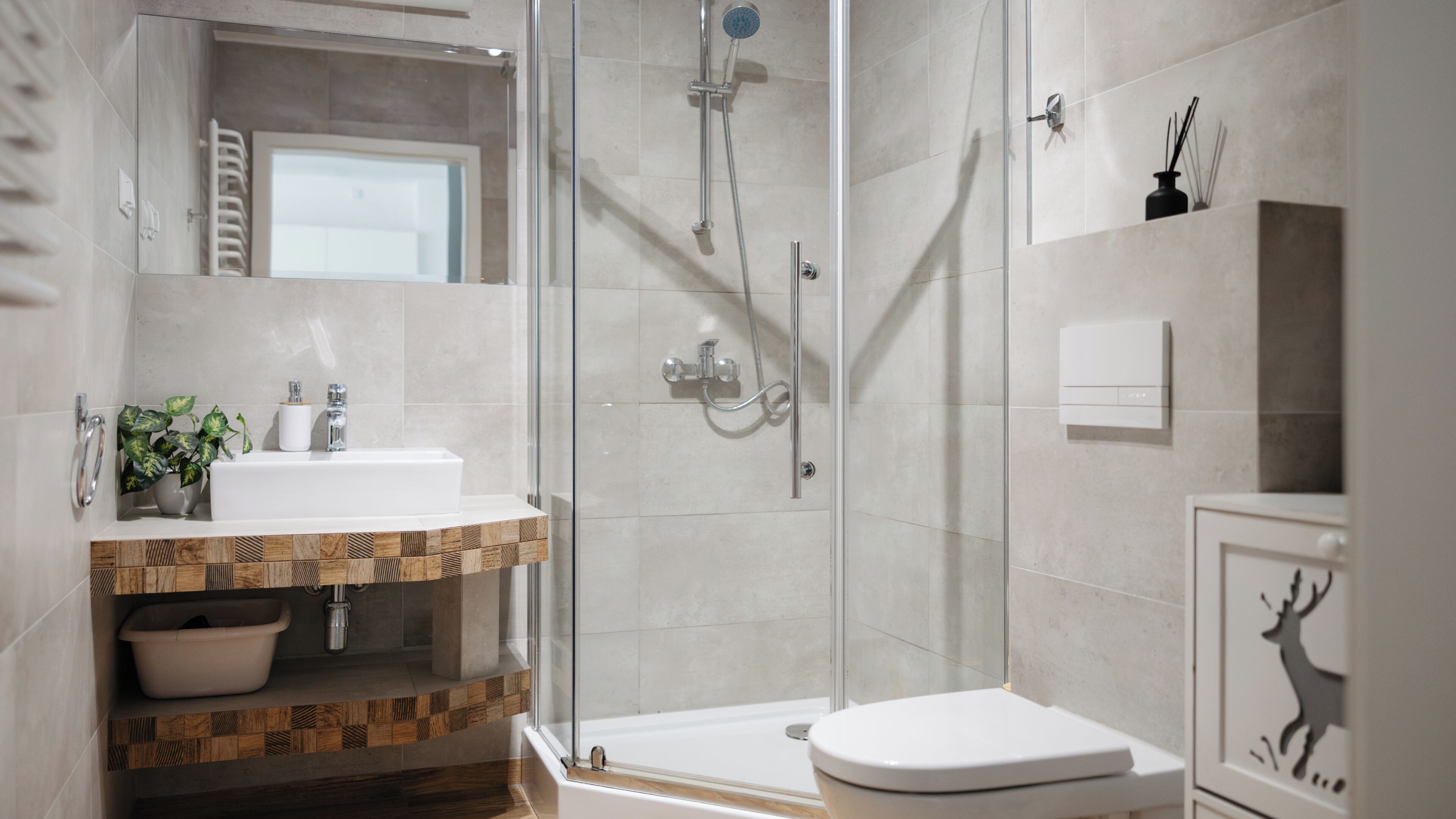 A modern bathroom with a glass-enclosed shower, a white sink, and a toilet.