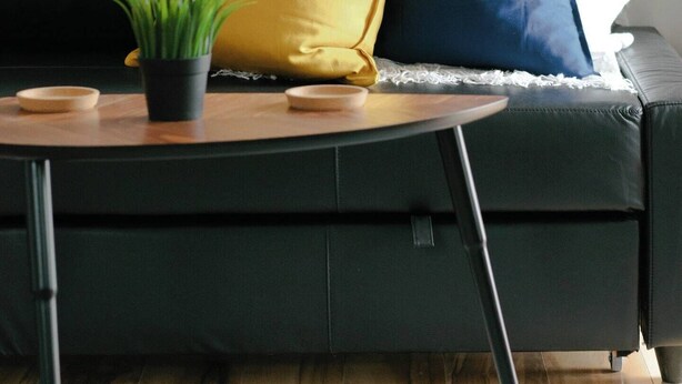 Ein dunkelbraunes Sofa mit einem kleinen runden Tisch davor, einer Topfpflanze und zwei Kissen in Gelb und Blau.