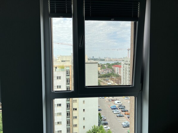 A view through a window with blinds, revealing a parking lot and buildings in the background.