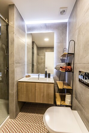 Shower, eco-friendly toiletries, hair dryer, towels