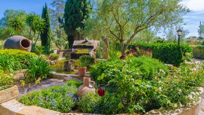 A garden with a pond, potted plants, and a stone structure. - ES CAMP FRED -  beautiful villa with spectacular private pool and impressive garden. Free (Felanitx)