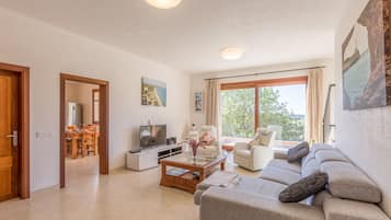 Een televisie, een dvd-speler, een tafeltennistafel en een stereo